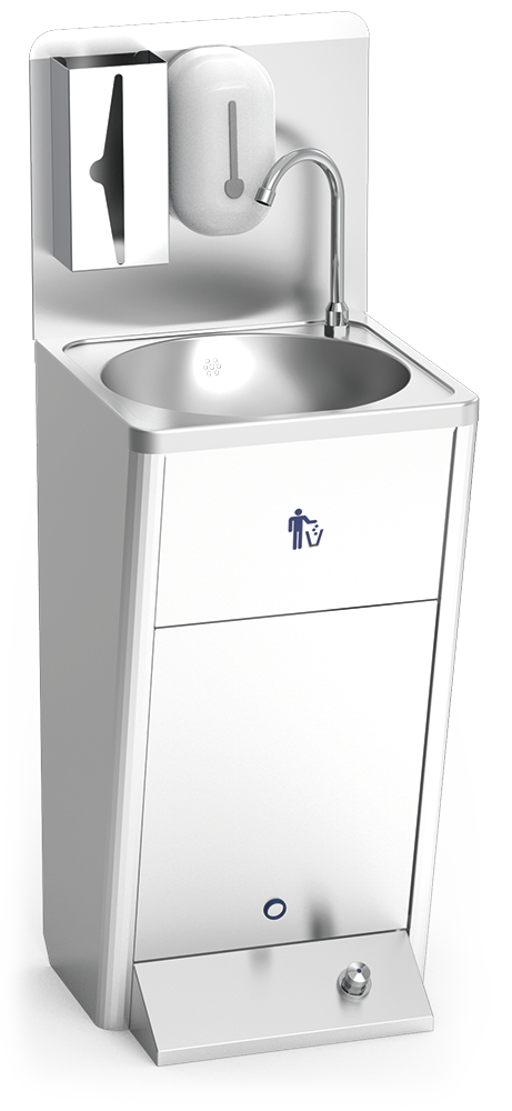 Plumbed stainless steel integral hand washbasin, foot operated, mixed hot and cold water