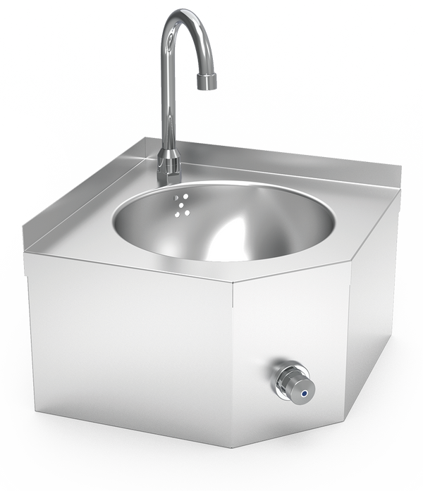 Plumbed stainless steel XS corner hand sink, knee operated, mixed hot and cold water