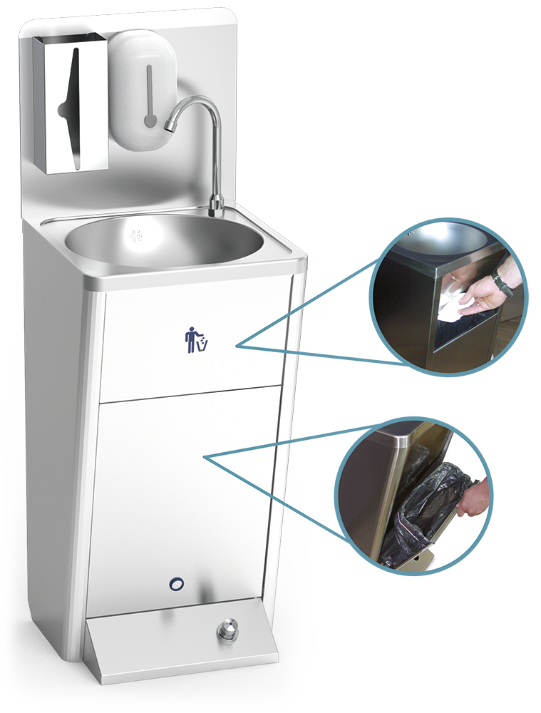 Plumbed stainless steel integral hand washbasin, foot operated, mixed ...