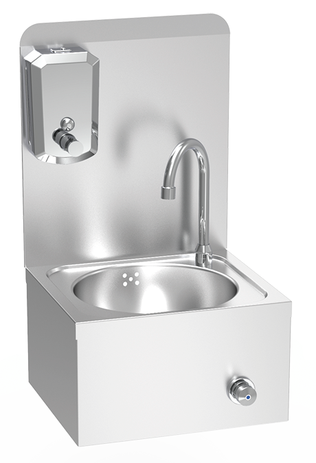 Plumbed stainless steel XS hand washbasin, knee operated, mixed hot and cold water